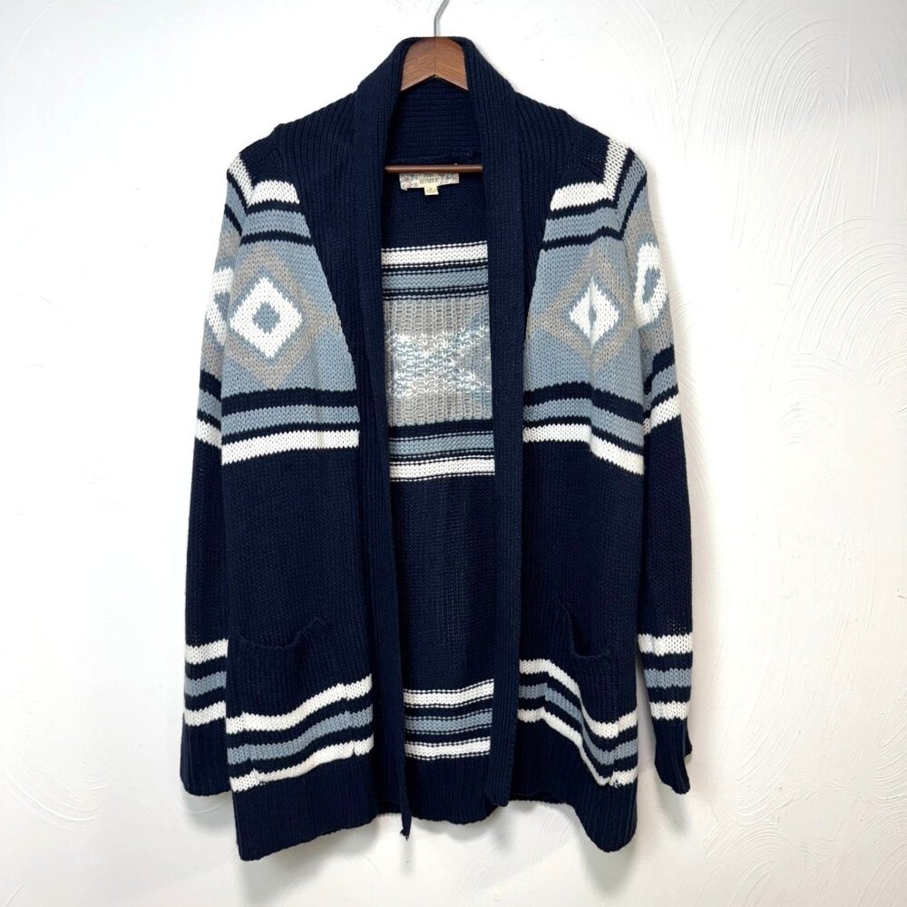 Pink Republic Navy Blue Southwest Knit Open Front Cardigan Sweater Womens Large